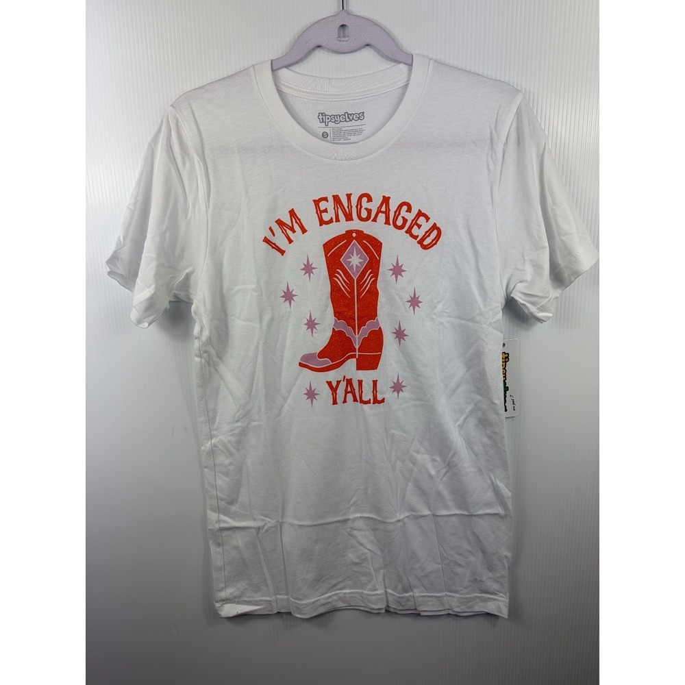 Tipsy Elves Womens Small White T Shirt‎ Im Engaged Yall Cowboy Boot Bachelorette
